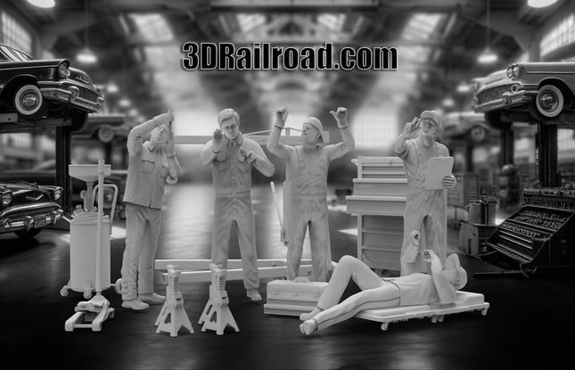 Mechanics with car lift and tools - Custom Sculptures 3D Printed in Grey Resin