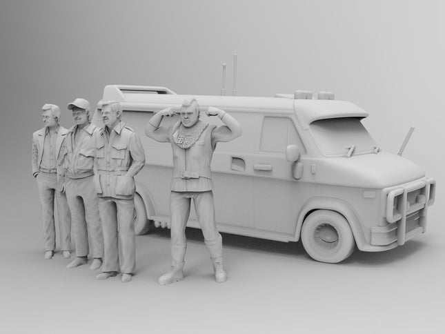 A Team of Guys, Van and Figures - Custom Sculptures 3D Printed in Clear Resin