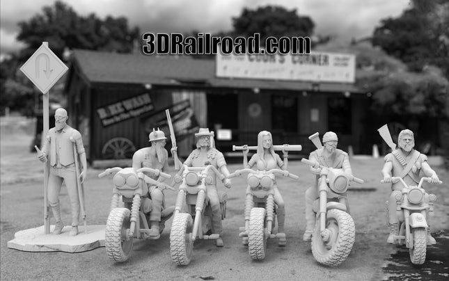 BIKER GANG on bikes -  7 Figures - Custom Sculptures 3D Printed in Grey Resin