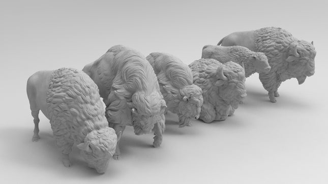 Buffalo - 6 Figures - Custom Sculptures 3D Printed in Grey Resin