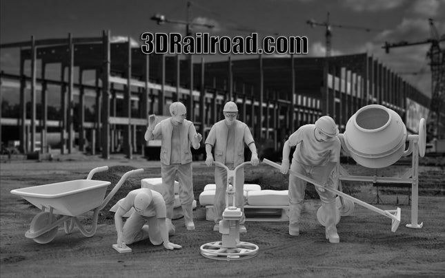 Concrete Workers - 4 Figures with tools- Custom Sculptures 3D Printed in Grey Resin