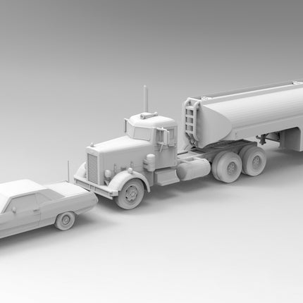 Duel Highway Chase Semi, Trailer, and Car Set - Custom Sculptures 3D Printed in Clear Resin
