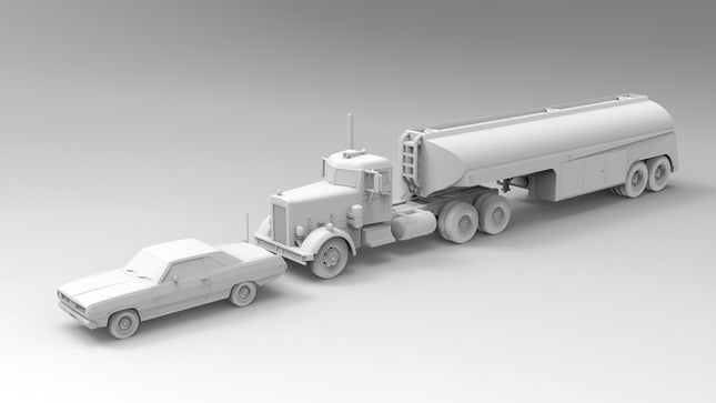 Duel Highway Chase Semi, Trailer, and Car Set - Custom Sculptures 3D Printed in Clear Resin