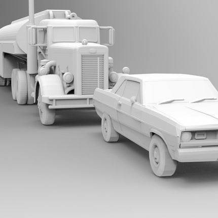 Duel Highway Chase Semi, Trailer, and Car Set - Custom Sculptures 3D Printed in Clear Resin