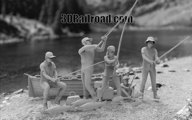 Fisherman with Boat - 5 Figures with boat and accessories - Custom Sculptures 3D Printed in Grey Resin