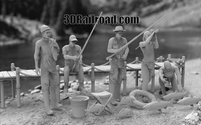 Fisherman with Dock - 5 Figures with dock and accessories - Custom Sculptures 3D Printed in Grey Resin