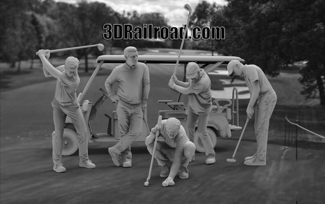 Golfers - 4 Figures with large Golf cart - Custom Sculptures 3D Printed in Grey Resin
