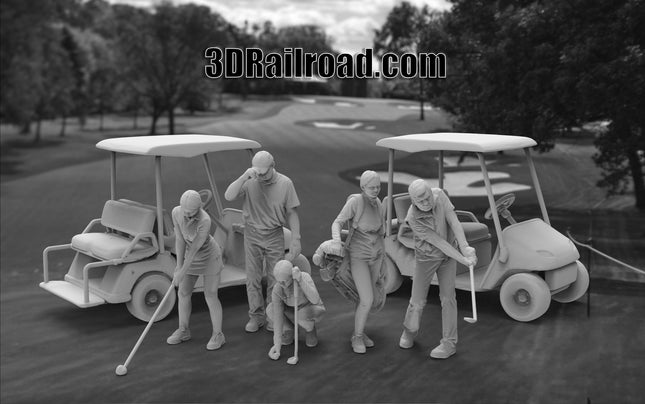 Golfers - 4 Figures with 2 Golf cart - Custom Sculptures 3D Printed in Grey Resin