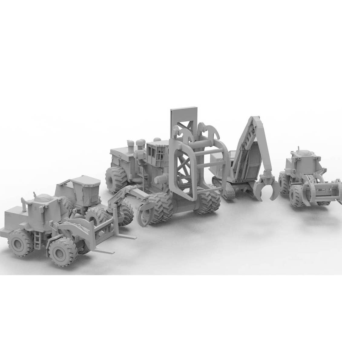 N 1/160th scale Logging Set 4 - Grapple, Log Loader, Forklift, etc Printed in Clear Resin