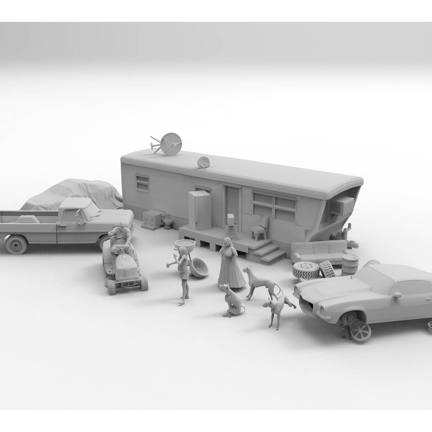 HO Scale 1/87th Mobile Home Action Scene With Figures Trailer Trash 3d Printed