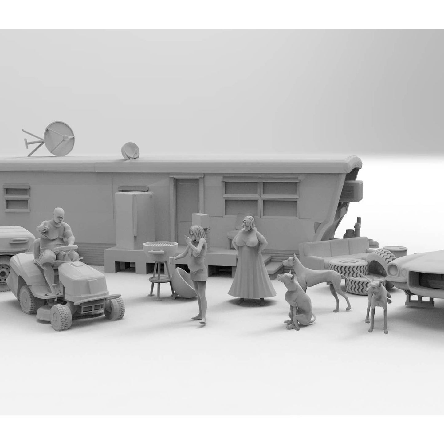 HO Scale 1/87th Mobile Home Action Scene With Figures Trailer Trash 3d Printed