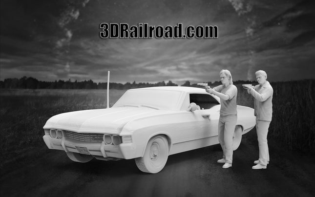 Monster Slaying Brothers in an Impala, Car and Figures - Custom Sculptures 3D Printed in Clear Resin